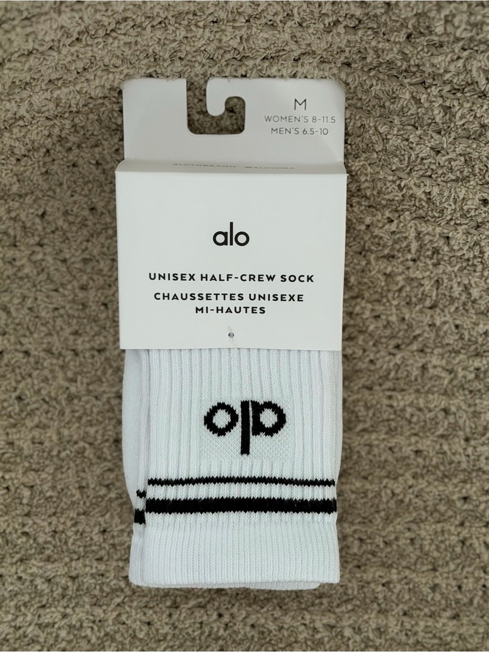 ALO Yoga White Half-Crew Athletic Socks with Black Stripes